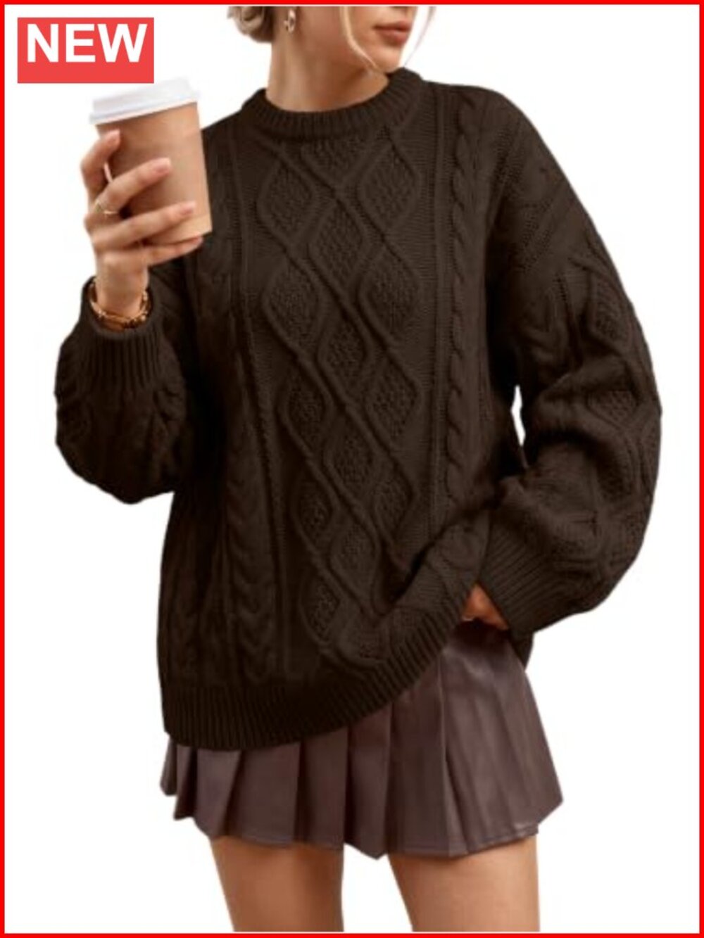 Cable Knit Oversized Cotton Blend Pullover Sweater Crew Neck